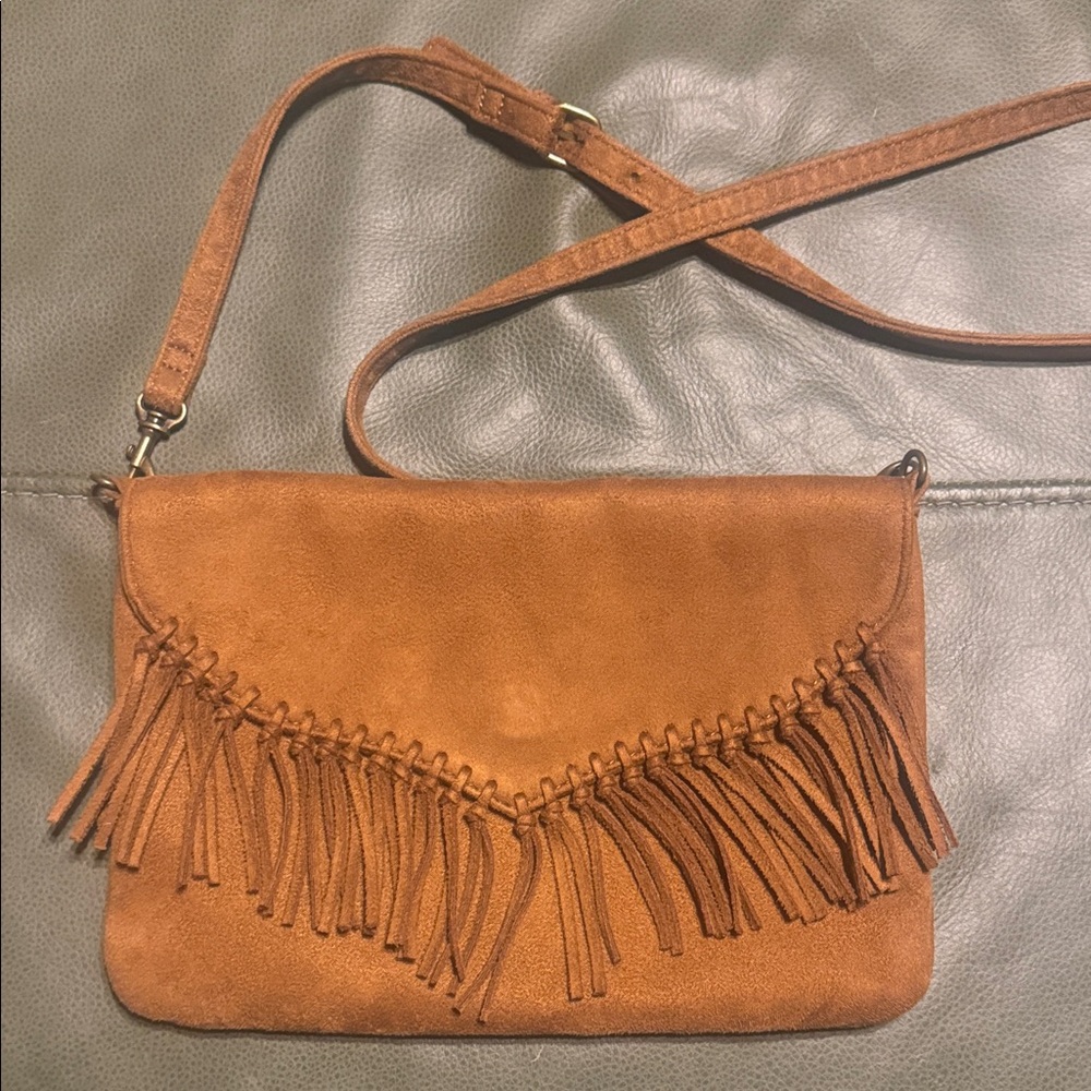 Express Faux Suede Fringe Crossbody Bag in Tan